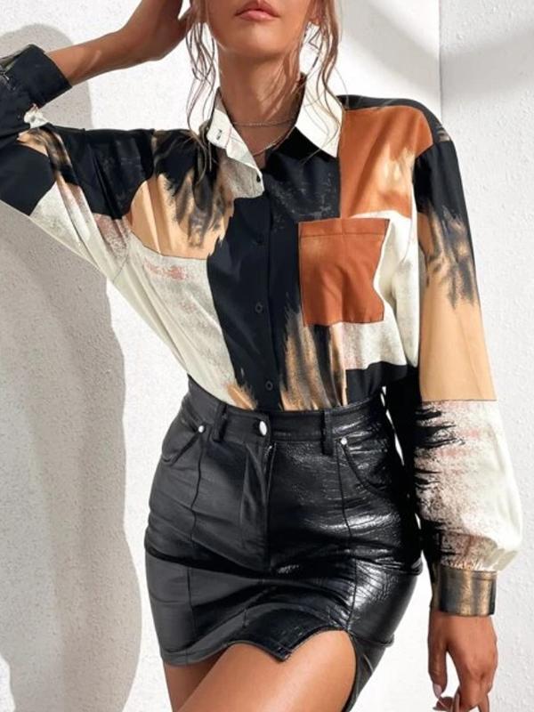 Long Sleeves Loose Asymmetric Printed Split-Joint Lapel Blouses&Shirts Tops Product Image