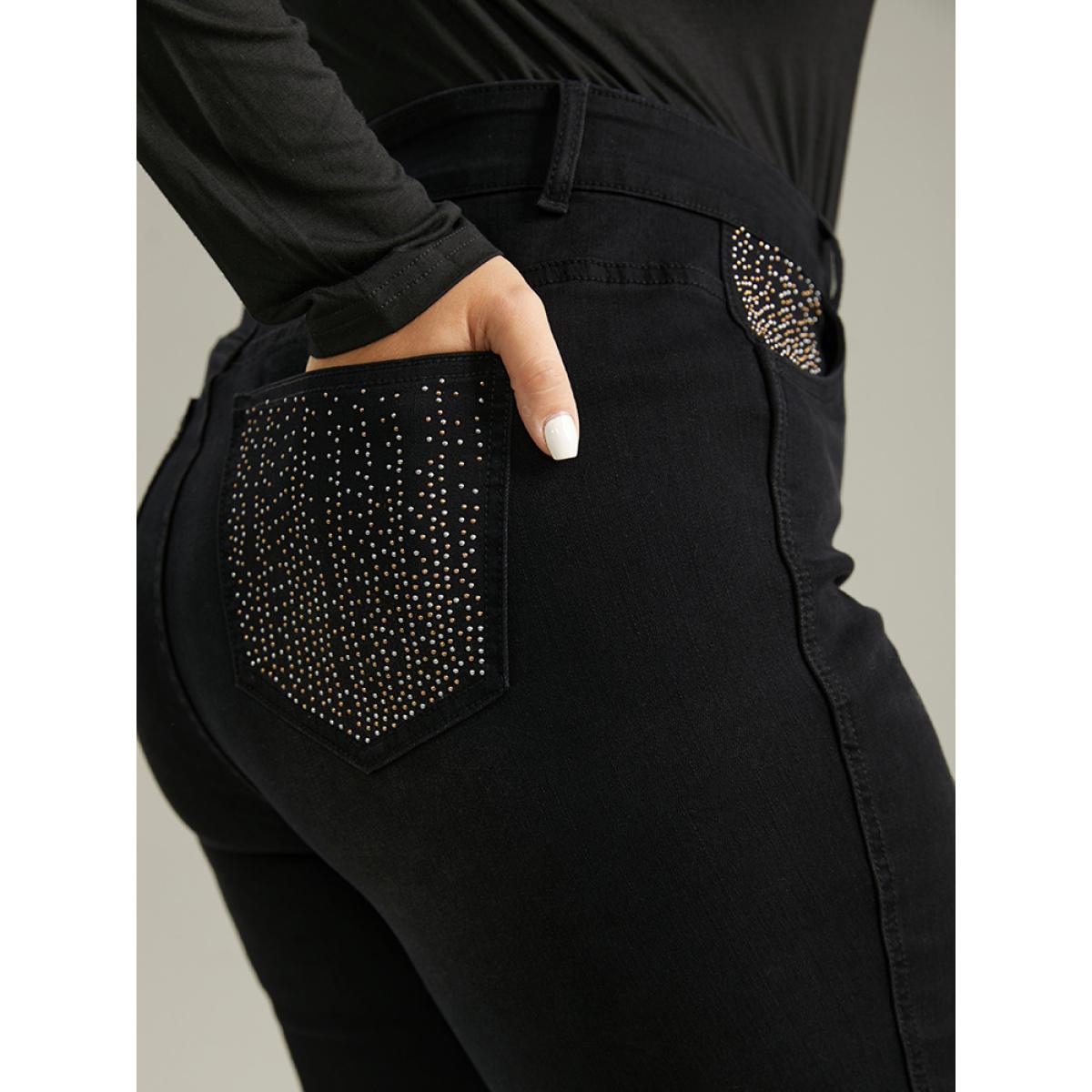 Plus Size Rhinestone Detail Straight Leg Black Wash Jeans Women DimGray Casual Plain Rhinestone detailing High stretch Pocket Jeans BloomChic 10/M Product Image