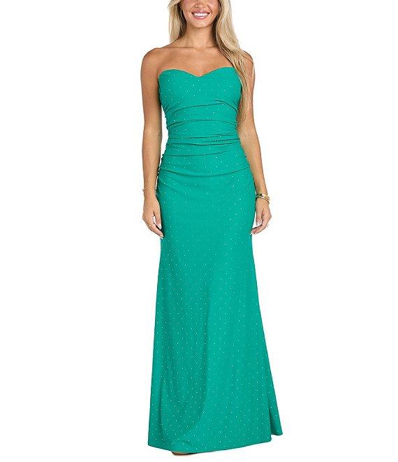 Morgan & Co. Jersey Knit Stone Strapless Lace Up Back Dress Product Image