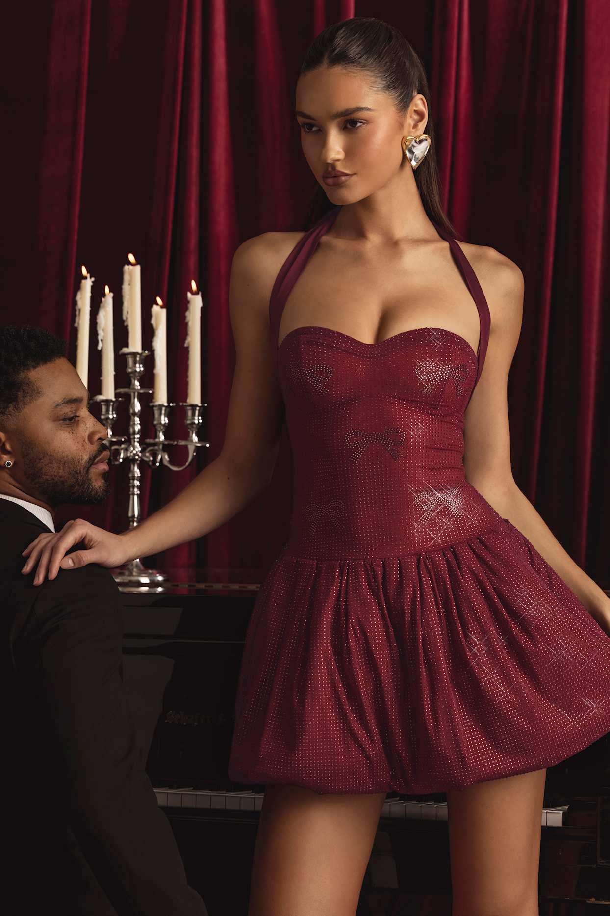 Embellished Halterneck Bubble Hem Mini Dress in Wine Red Product Image