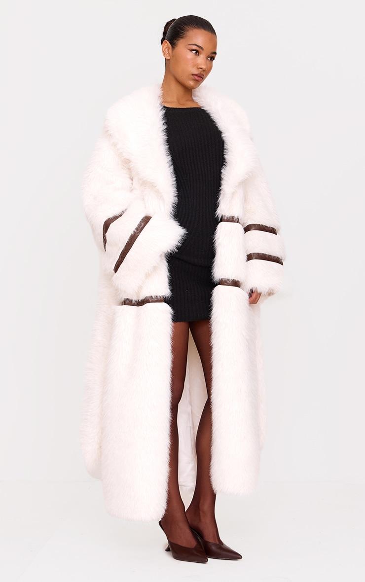 White Faux Fur Contrasting Faux Leather Trim Maxi Coat Product Image