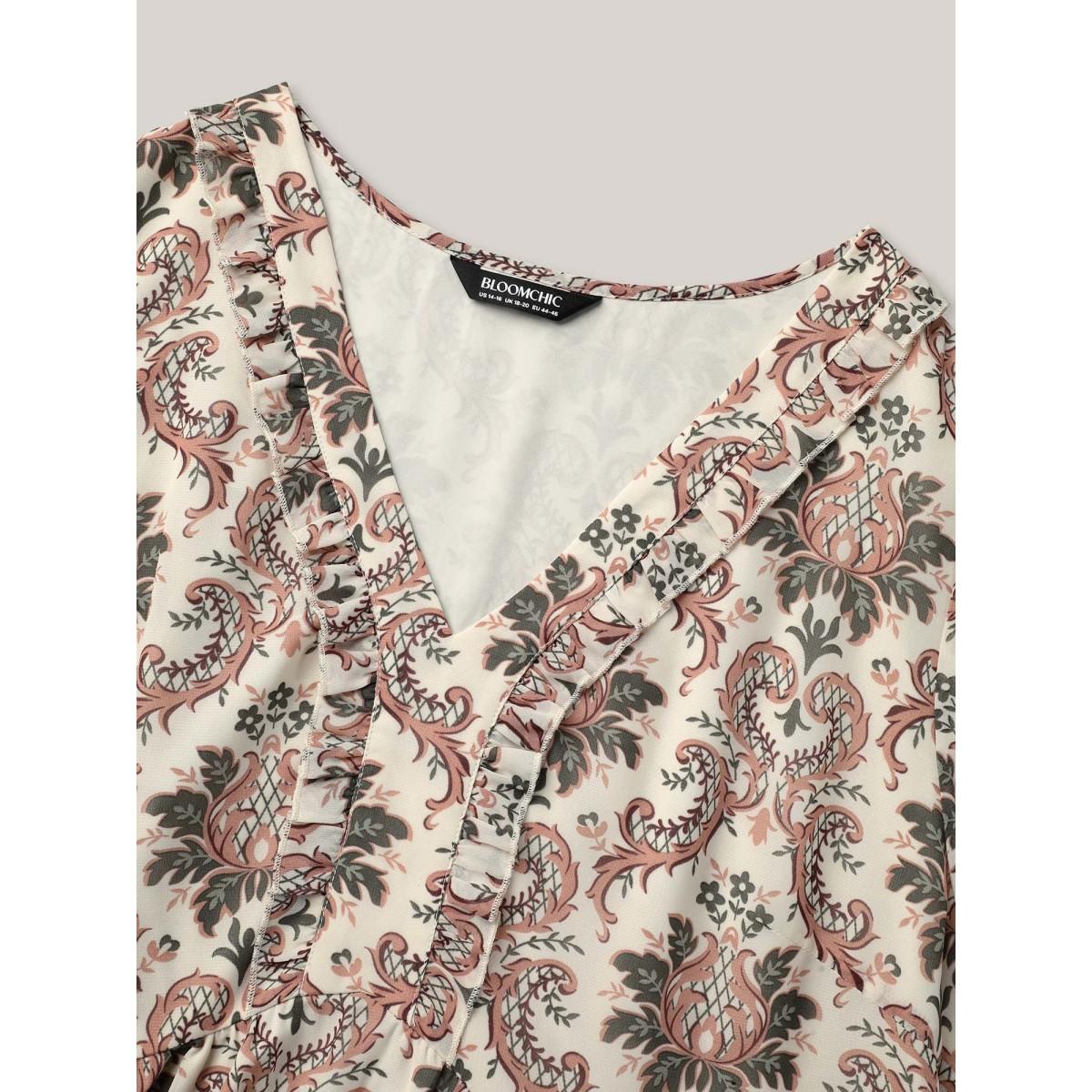 Plus Size Beige Ornate Print Stretchy Waist Lined Shirt Women Boho Elbow-length sleeve Deep V-neck Vacation Blouses BloomChic 12/L Product Image