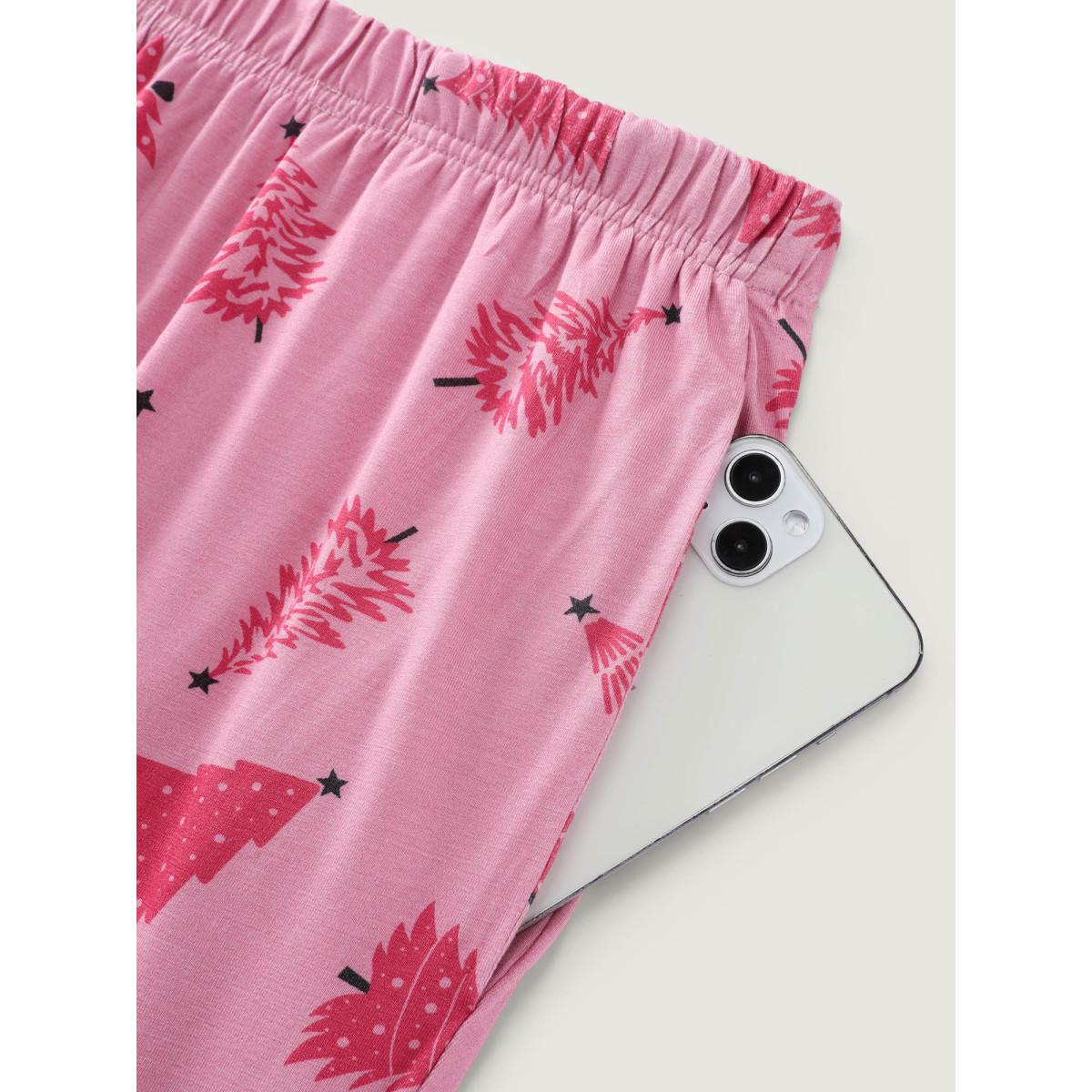 Plus Size Christmas Tree Buttons Loungewear Set Women Blush Christmas Contrast Extra Long Sleeve Flat collar with V-notch Loungewear Sets BloomChic 14-16/1X Product Image