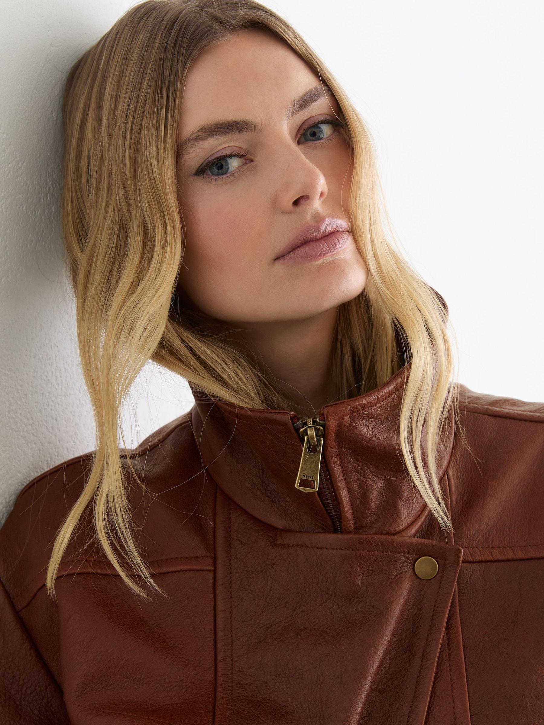 Petite Textured Leather Oversized Jacket in Chestnut Brown Product Image