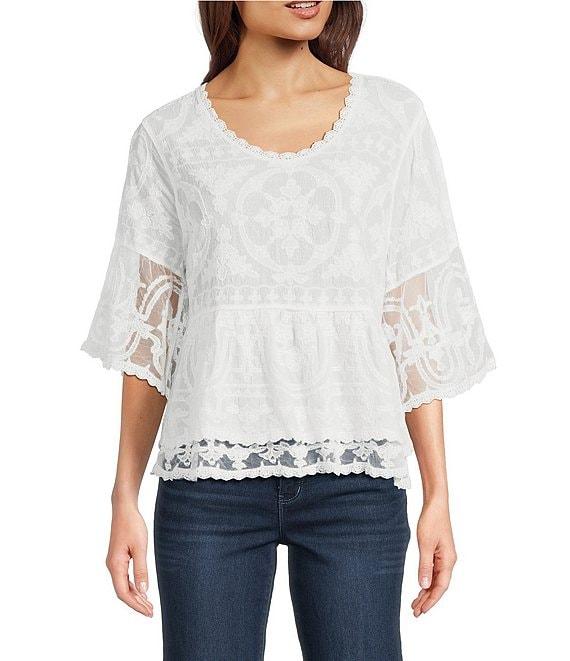 Democracy Allover Embroidered Scoop Neck 3/4 Sleeve Scallop edge Double Layer Hem Peplum Top Product Image
