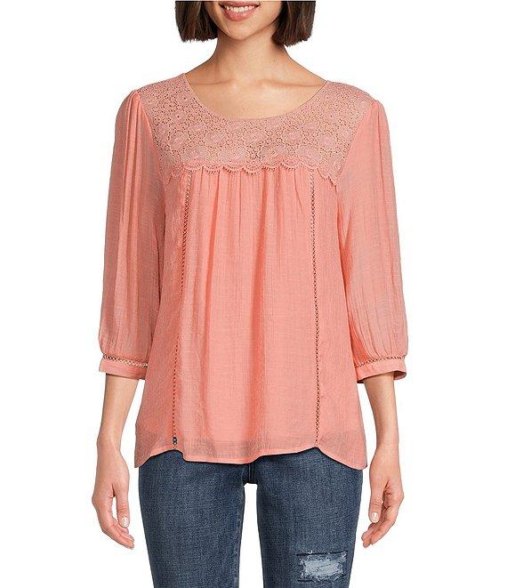 Figueroa & Flower Scoop Neck 3/4 Sleeve Lace Yoke Blouse Product Image