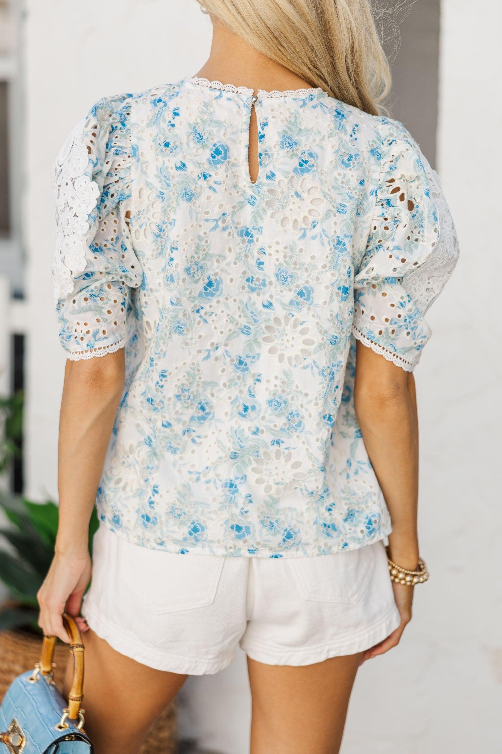 Feeling Joy Blue Floral Eyelet Blouse Female Product Image
