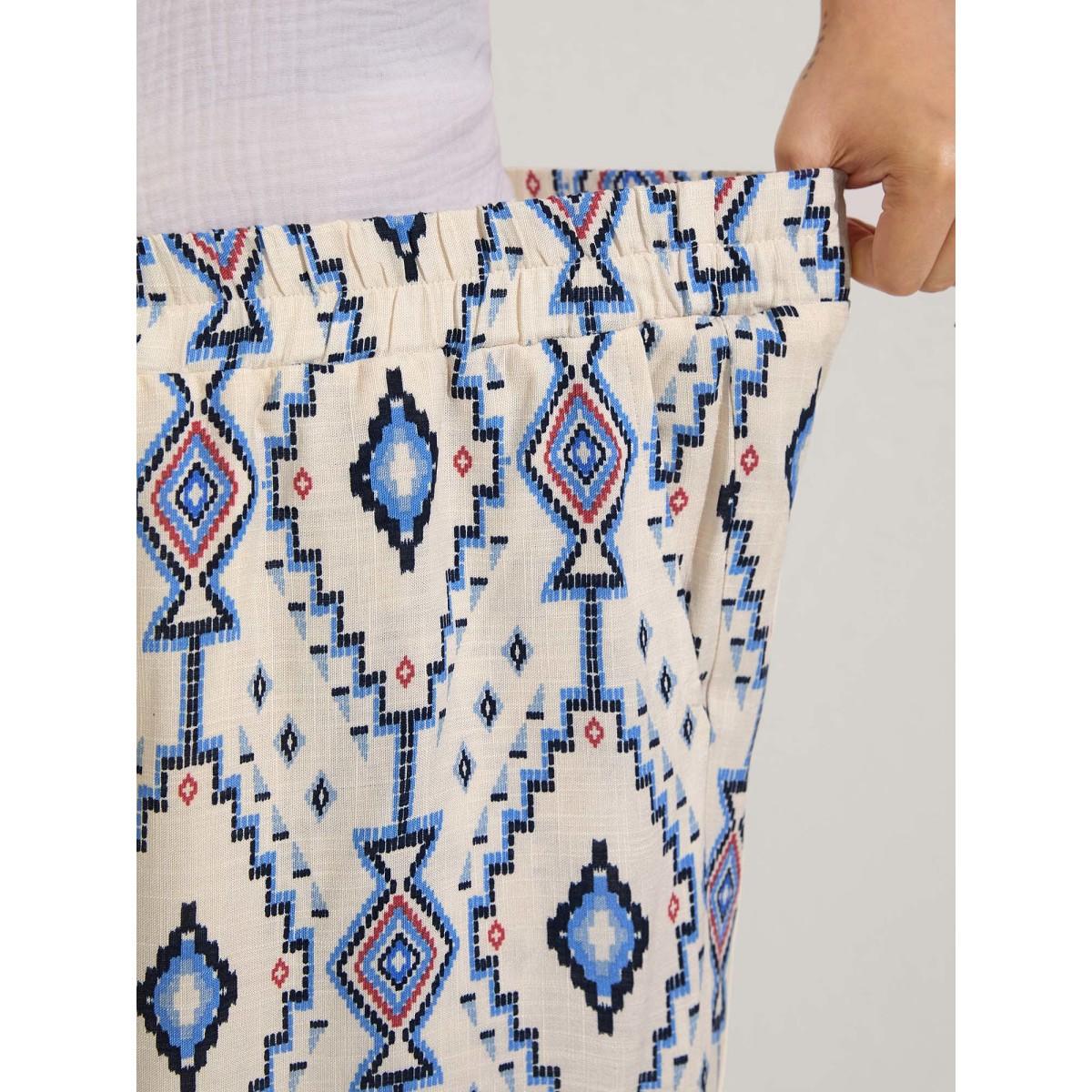 Plus Size Boho Print Pockets Wide-Leg Pants Women LightBlue Resort Wide Leg Mid Rise Vacation Pants BloomChic 22-24/3X Product Image