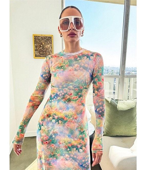 AFRM Paola Floral Print Crew Neck Long Sleeve Ankle Mesh Maxi Dress Product Image