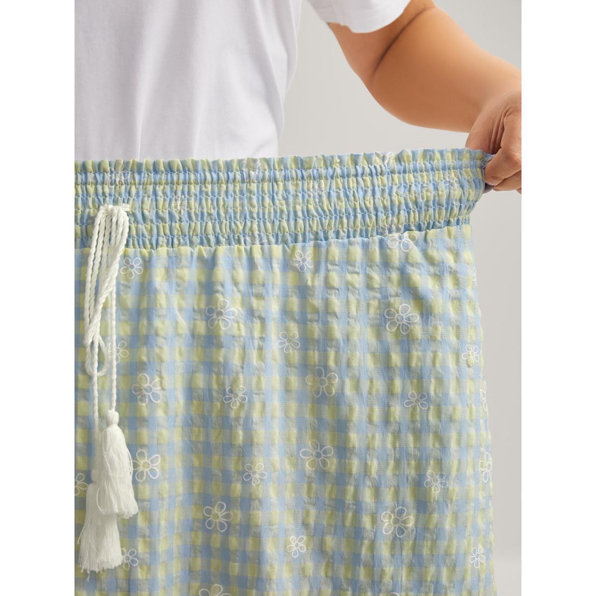 Plus Size Plaid Floral Shirred Waist Maxi Skirt Women LightBlue Loose No stretch Side seam pocket Elegant Skirts BloomChic 14-16/1X Product Image