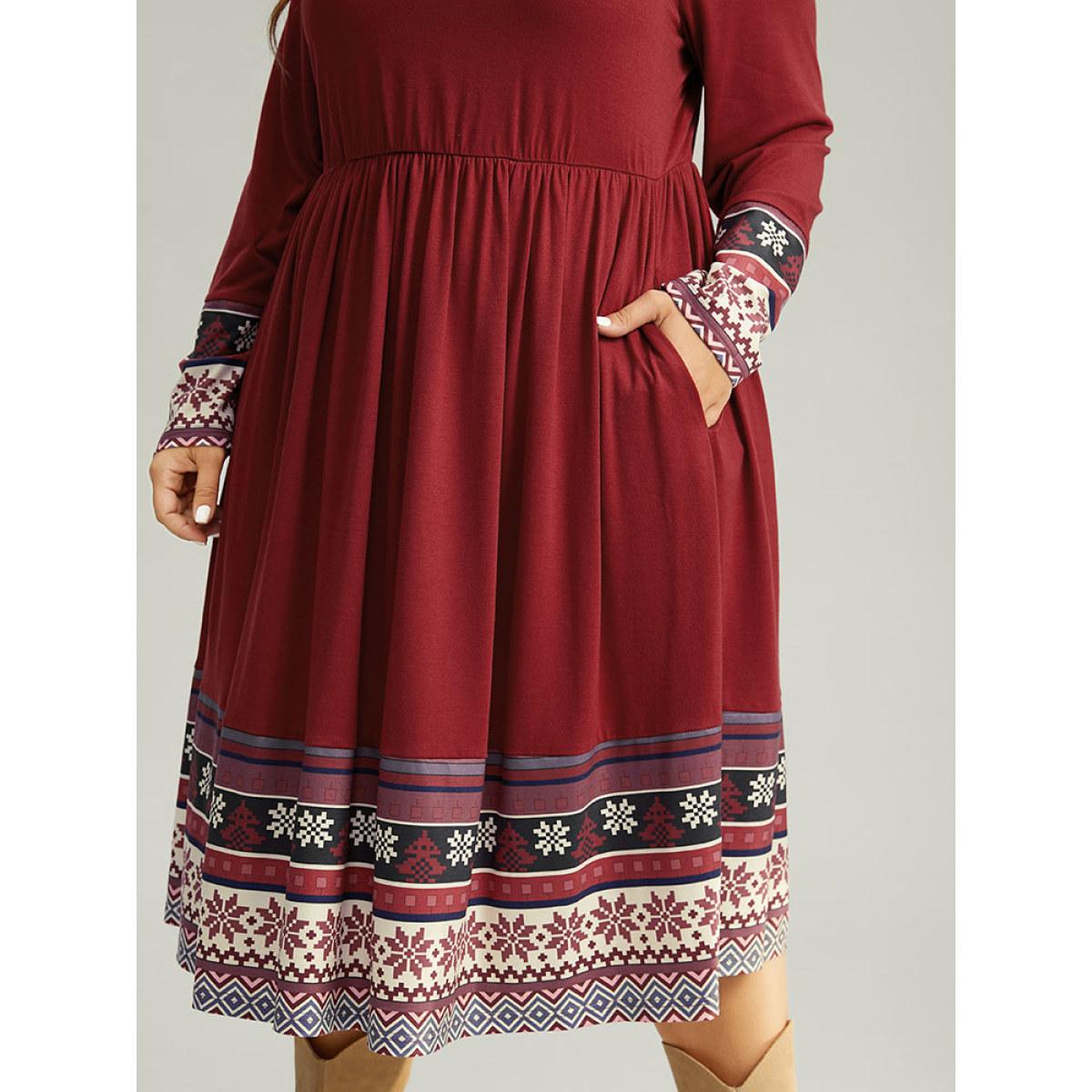 Plus Size Christmas Boho Print Patchwork Elastic Waist Dress Raspberry Women Casual Gathered Round Neck Long Sleeve Curvy Midi Dress BloomChic 30/6X Product Image