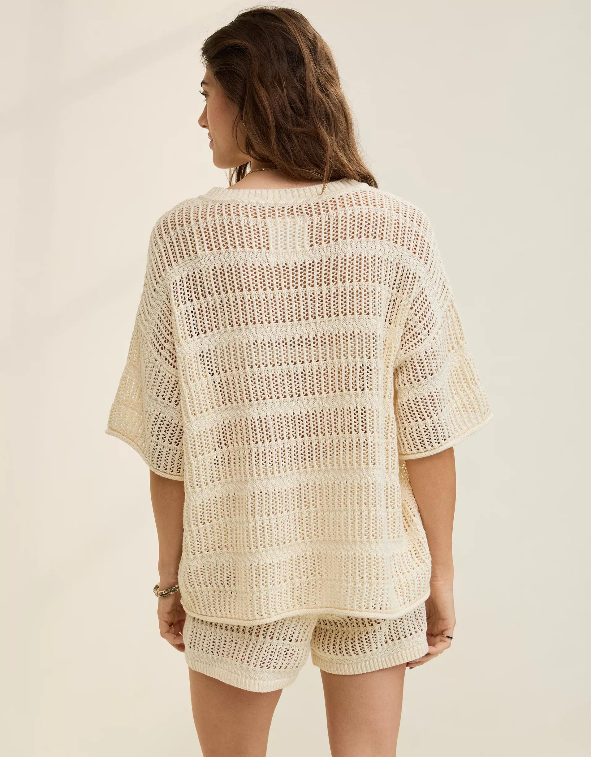 Aerie Crochet Oversized Short Sleeve Sweater Product Image