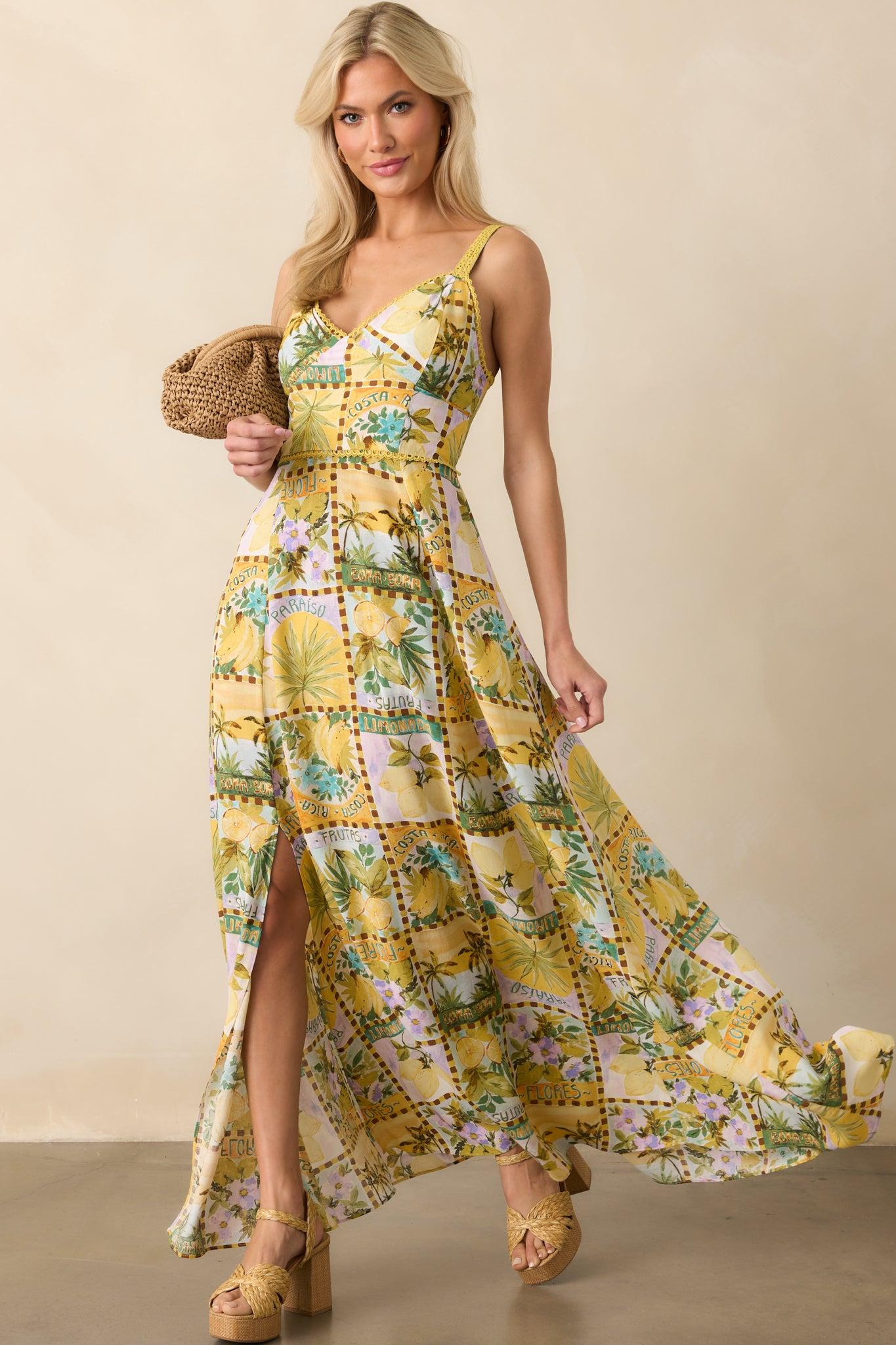 One To Remember Yellow Tropical Print Linen Blend Maxi Dress Product Image