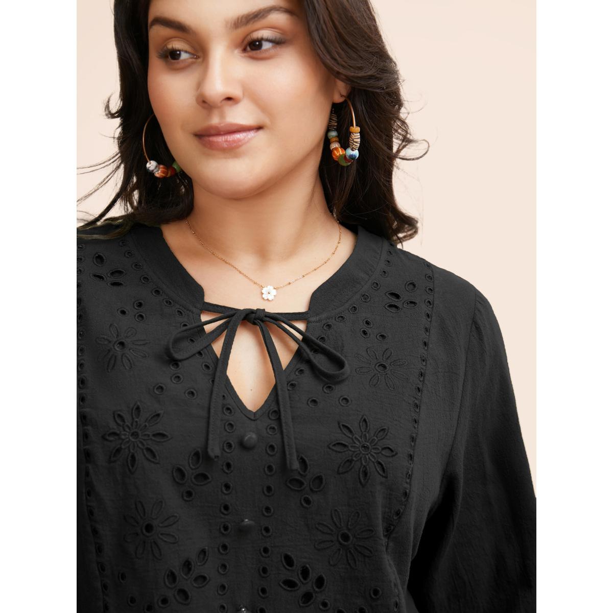 Plus Size Black Broderie Anglaise Tie Knot Lantern Sleeve Blouse Women Resort Elbow-length sleeve Notched collar Vacation Blouses BloomChic 28/5X Product Image