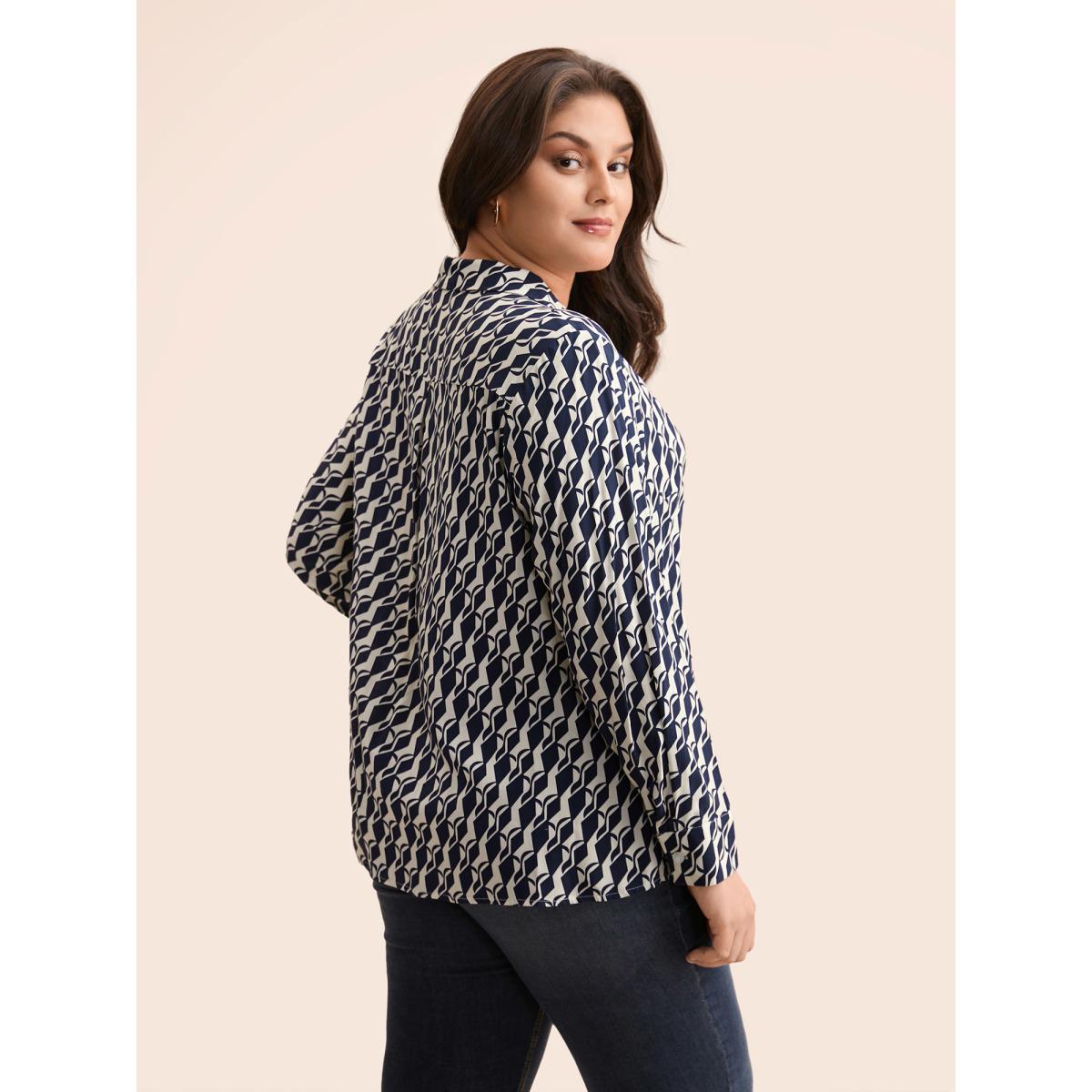Plus Size Indigo Geometric Shirt Collar Pleated Blouse Women Elegant Long Sleeve Shirt collar Everyday Blouses BloomChic 30/6X Product Image