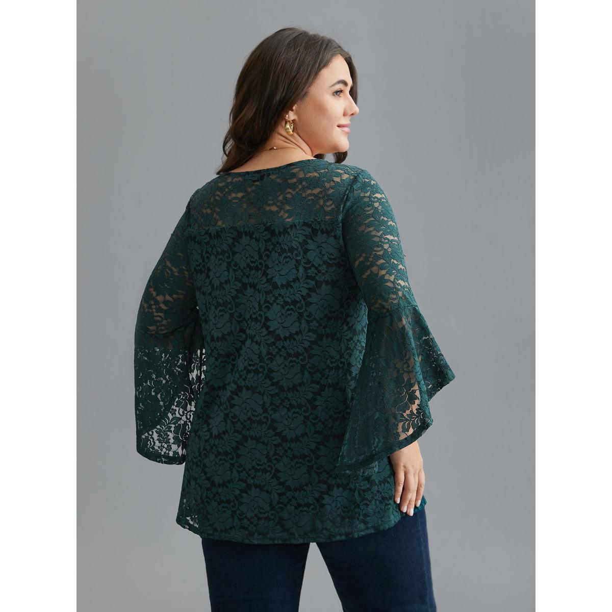 Plus Size DarkGreen Sheer Lace Irregular Sleeve Lined Shirt Women Romantic Long Sleeve Round Neck Elegant Blouses BloomChic 30/6X Product Image