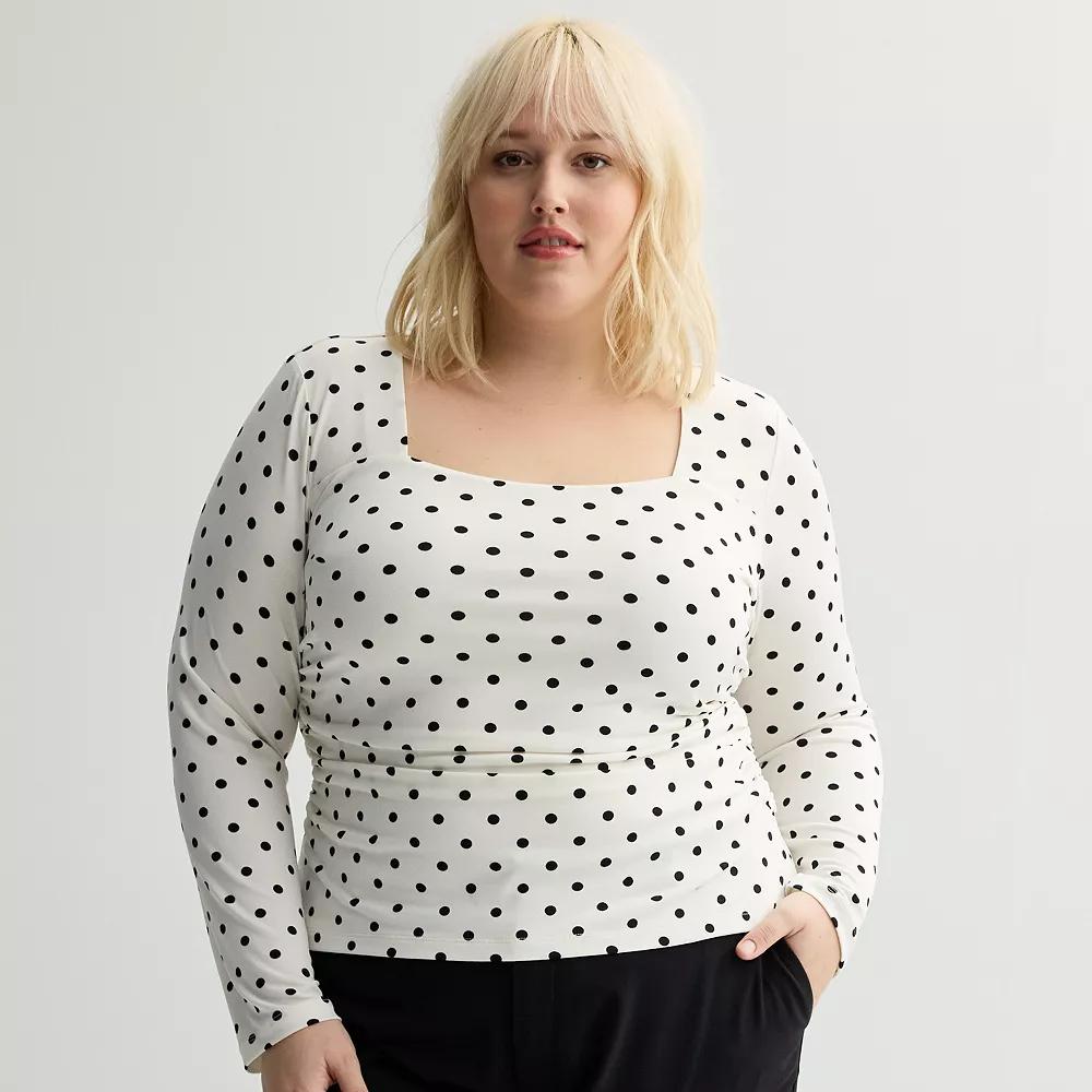 Plus Size INTEMPO™ Long Sleeve Square Neck Top, Women's, Size: 0X, Polka Dot Product Image