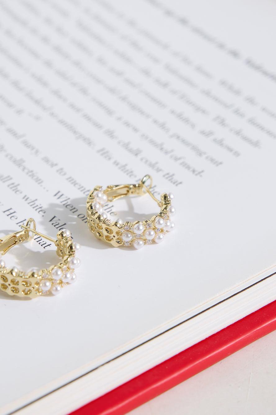 18k Gold Plated Small Pearls Hoop Earrings Gold Product Image