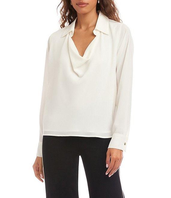Karen Kane Silky Crepe Collared Cowl Neck Long Sleeve Top Product Image