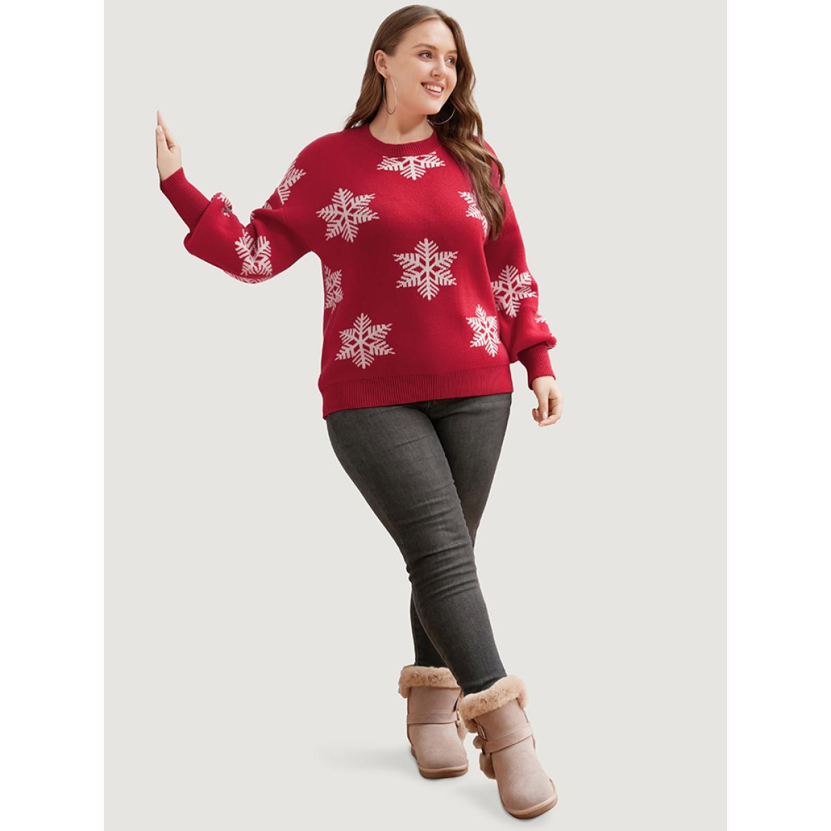 Plus Size Snowflake Super Soft Plush Knit Lantern Sleeve Jacquard Knit Top Red Women Casual Loose Long Sleeve Dailywear Pullovers BloomChic 28/5X Product Image