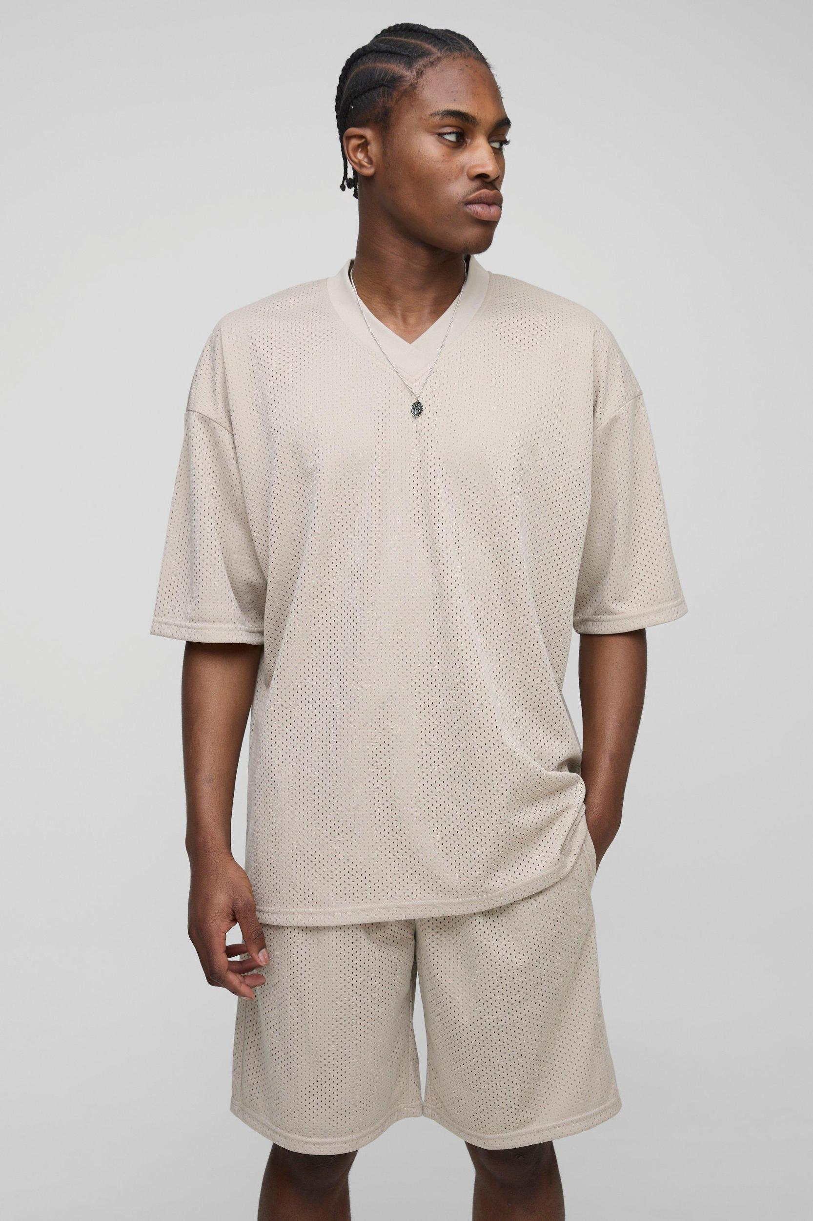 Oversized Mesh V Neck Sports Top & Short Set | boohooMAN USA Product Image
