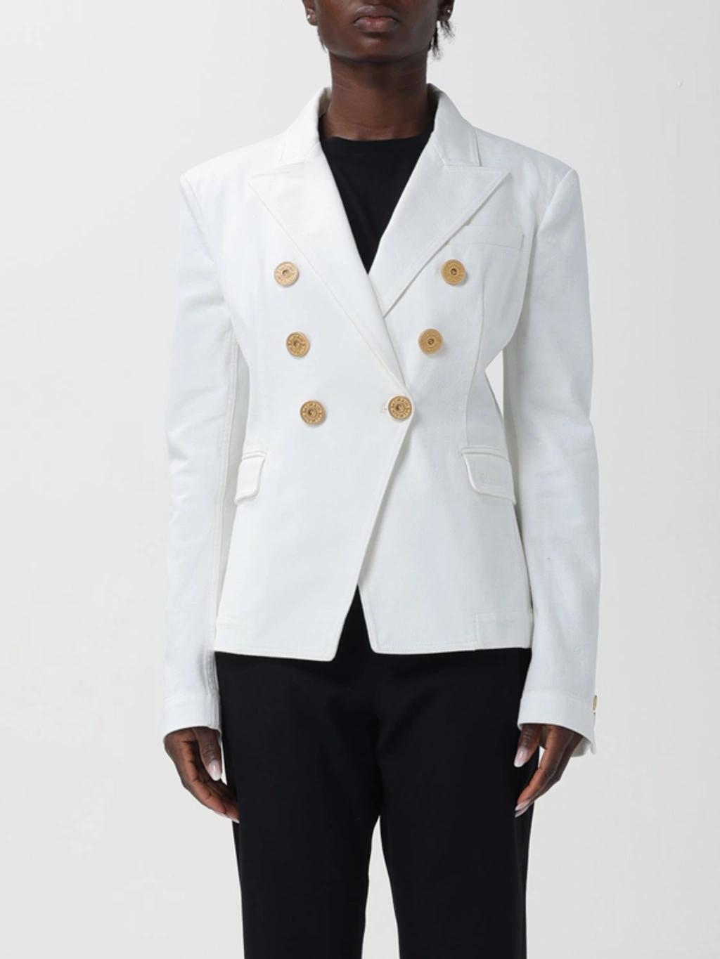 BALMAIN Double-breasted Structured Denim Blazer With Peak Lapel In White Product Image
