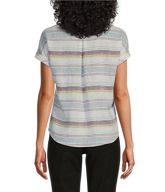 Westbound Petite Size Meadow Stripe Short Sleeve V-Neck Tie Front Top Product Image