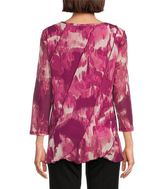 Slim Factor by Investments Kiki Blur Print Crew Neck Long Sleeve Ruffled Hem Lined Top Product Image