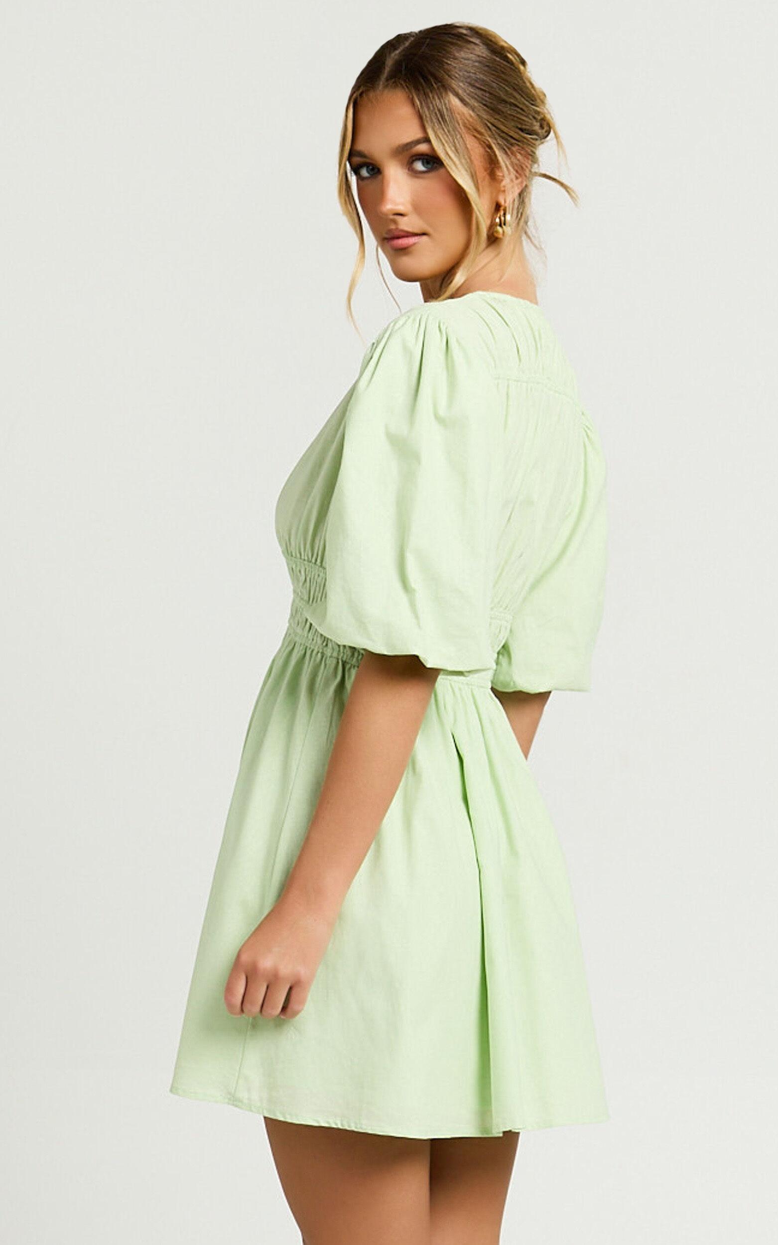 Francesca V Neck Puff Sleeves Mini Dress in Green Product Image