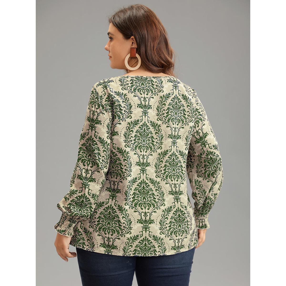 Plus Size Green Bandana Print Keyhole Shirred Lantern Sleeve Blouse Women Vacation Long Sleeve Keyhole Cut-Out Vacation Blouses BloomChic 14-16/1X Product Image