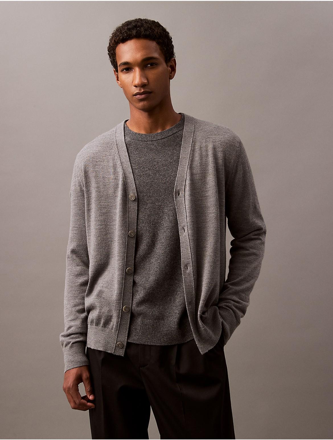 Calvin Klein Mens Extra Fine Merino Wool Blend Cardigan Sweater - Grey Product Image