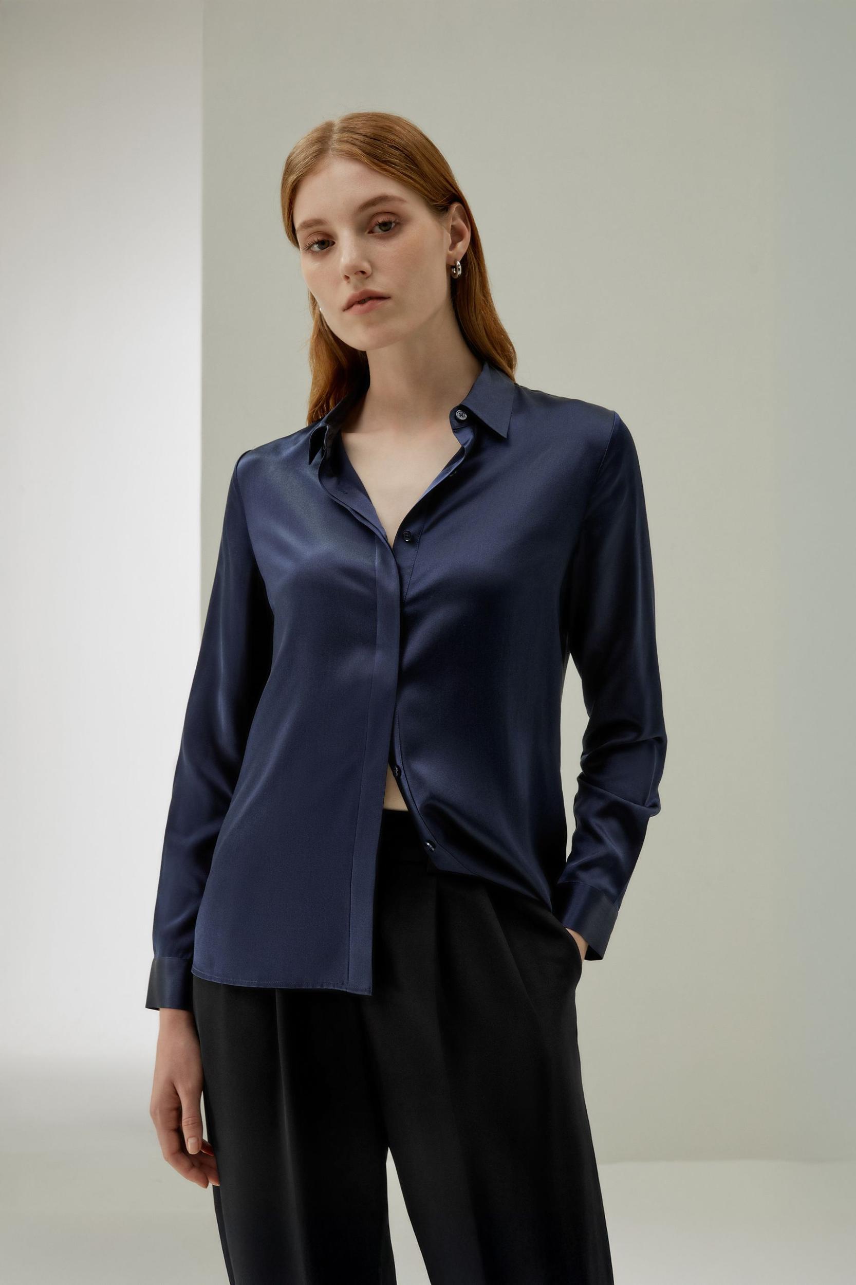 Basic Concealed Placket Silk Shirt Product Image