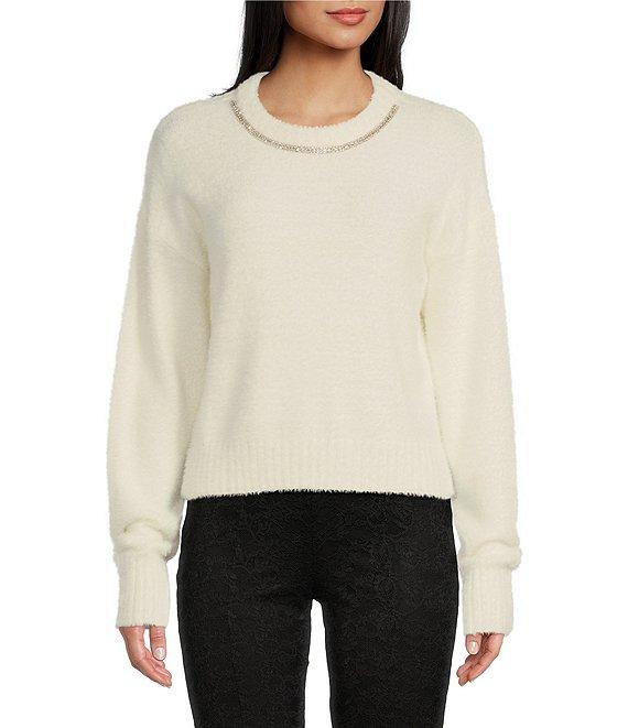 C&V Chelsea & Violet Round Neck Rhinestones Long Sleeve Sweater Product Image