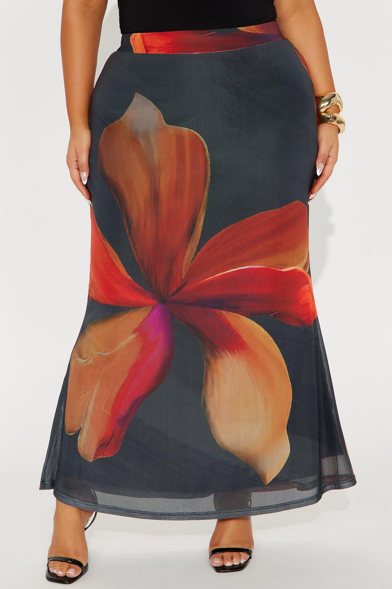 Into The Night Floral Mesh Maxi Skirt - Black/Orange Product Image