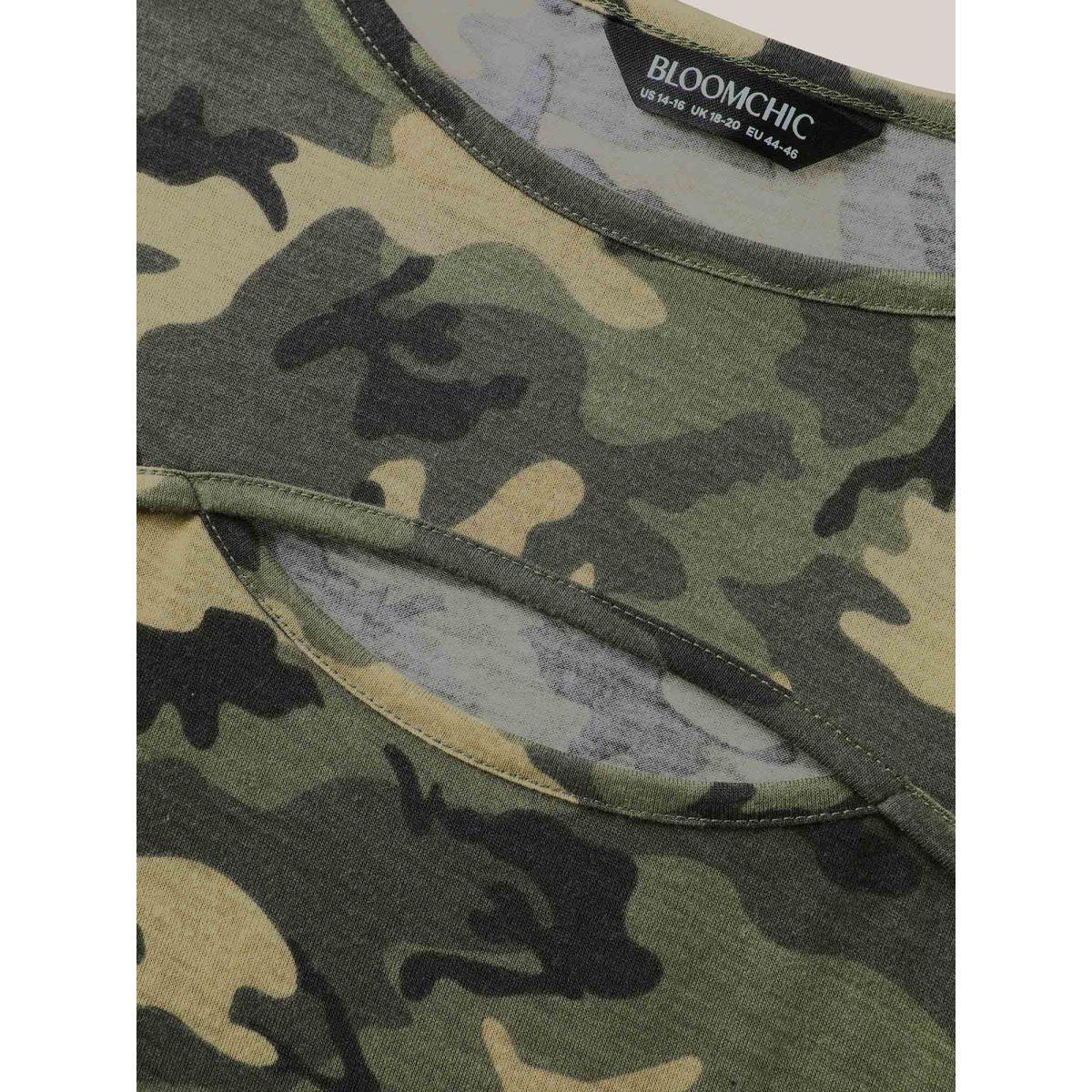 Plus Size Camouflage Print Round Neck T-Shirt Sage Women Cut-Out Round Neck Everyday-Casual T-shirts BloomChic 26/4X Product Image