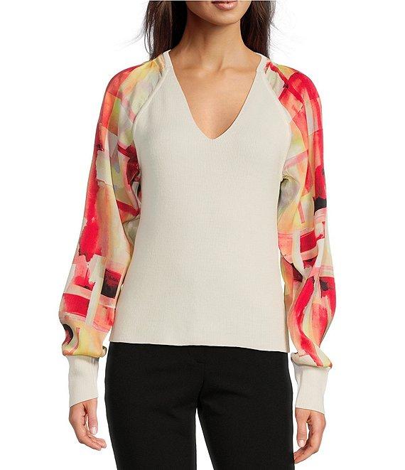 DKNY By Donna Karan Printed Mixed Media V-Neck Long Sleeve Knit Top Product Image