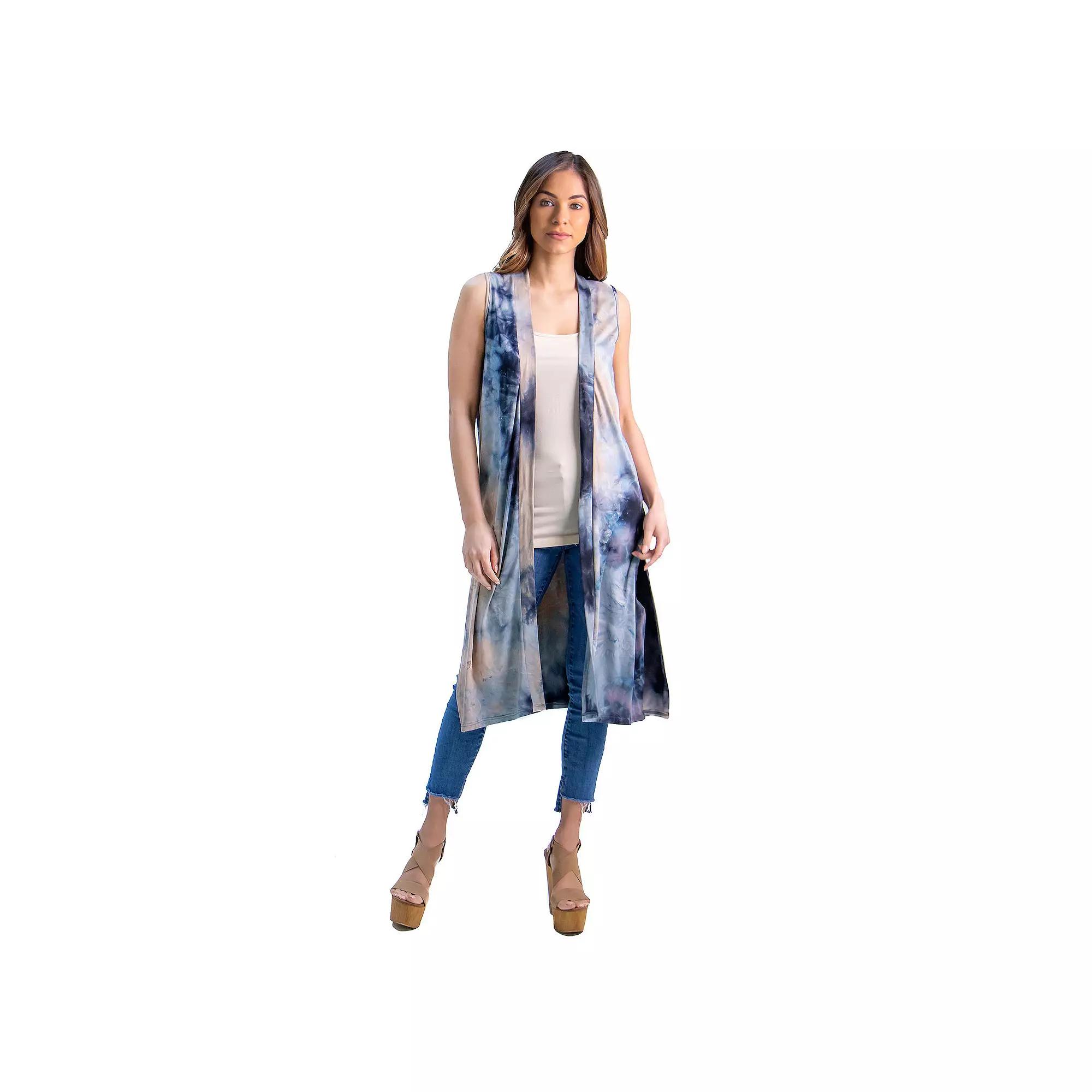 Women's 24Seven Comfort Apparel Tie Dye Sleeveless Open Front Cardigan Vest, Size: Small, Blue Team Product Image
