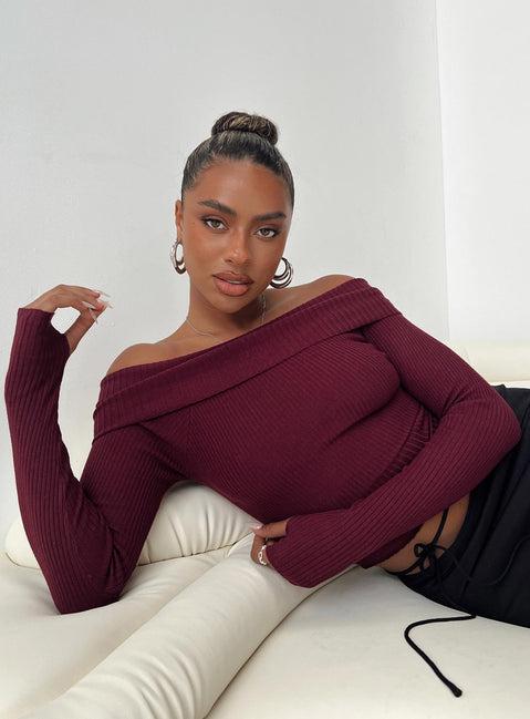 Morley Off Shoulder Sweater Burgundy Product Image