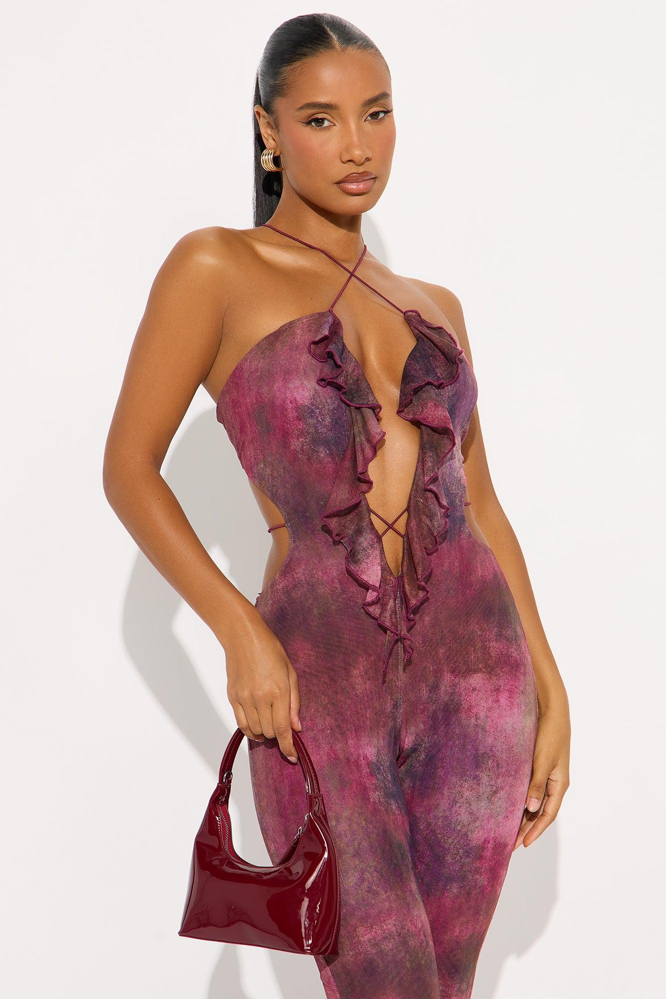 Nola Mesh Flare Jumpsuit - Plum Female Product Image
