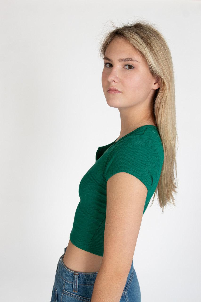 Green Notched Ribbed Crop Tee Product Image