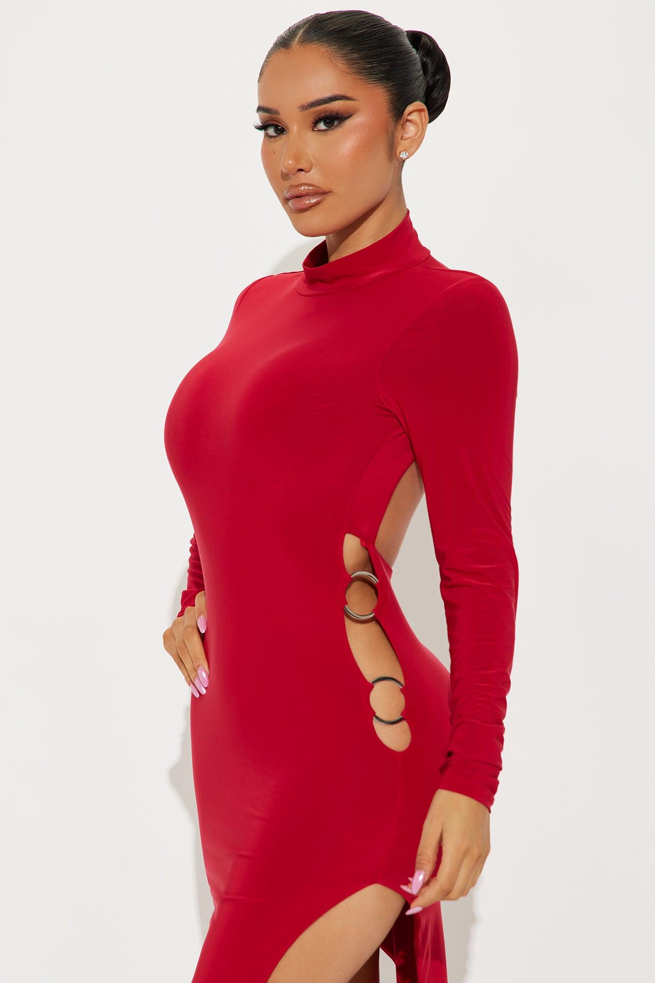 Aliyah Asymmetrical Midi Dress - Red Product Image