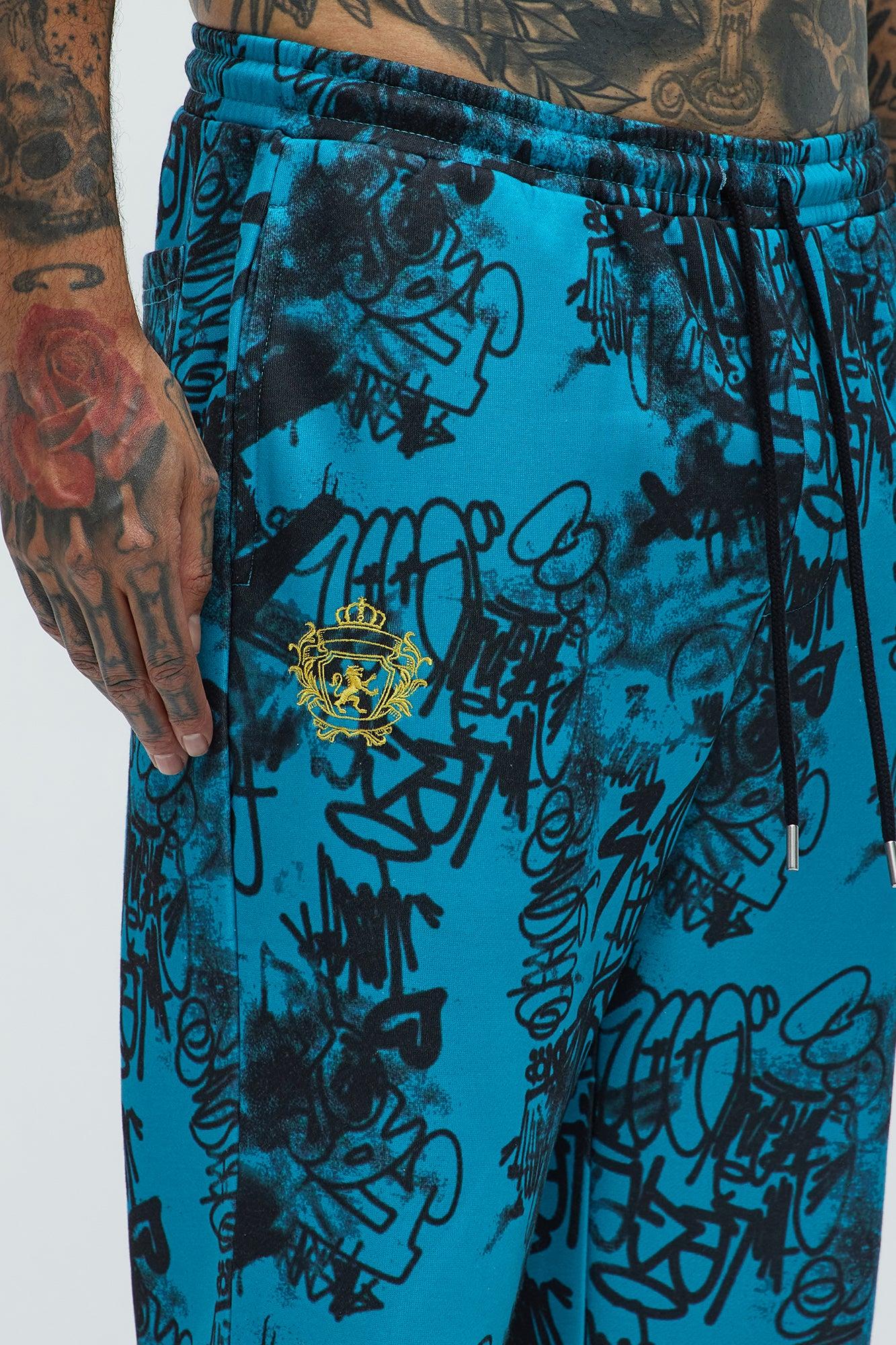 Vandal Straight Graffiti Sweatpants - Blue Product Image