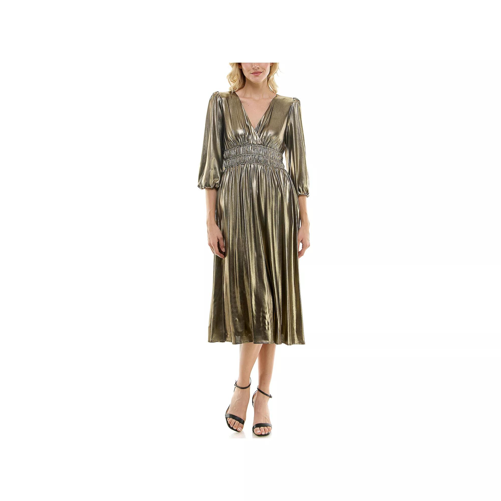 Women's Maison Tara Gold Knit V-Neck Fit & Flare Midi Dress, Size: 12, Antique Gold Product Image