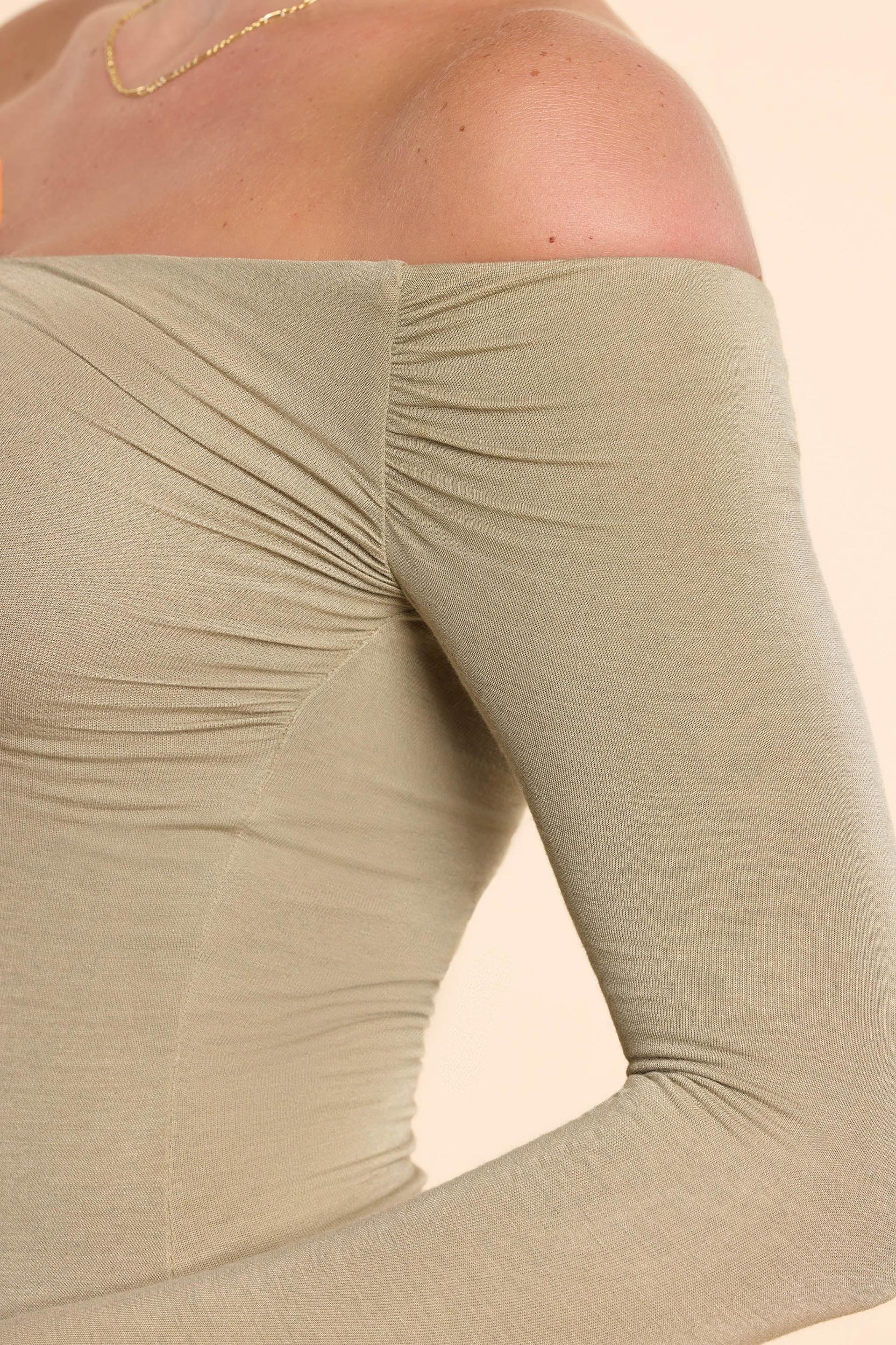 Long Sleeve Off-The-Shoulder Modal Cashmere Blend Maxi Dress in Taupe Product Image