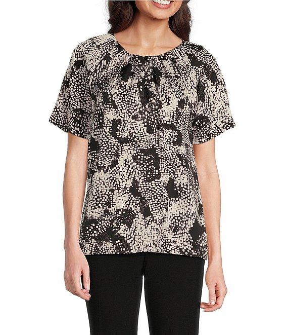 Calvin Klein Printed Short Sleeve Crew Neck Keyhole Blouse Product Image
