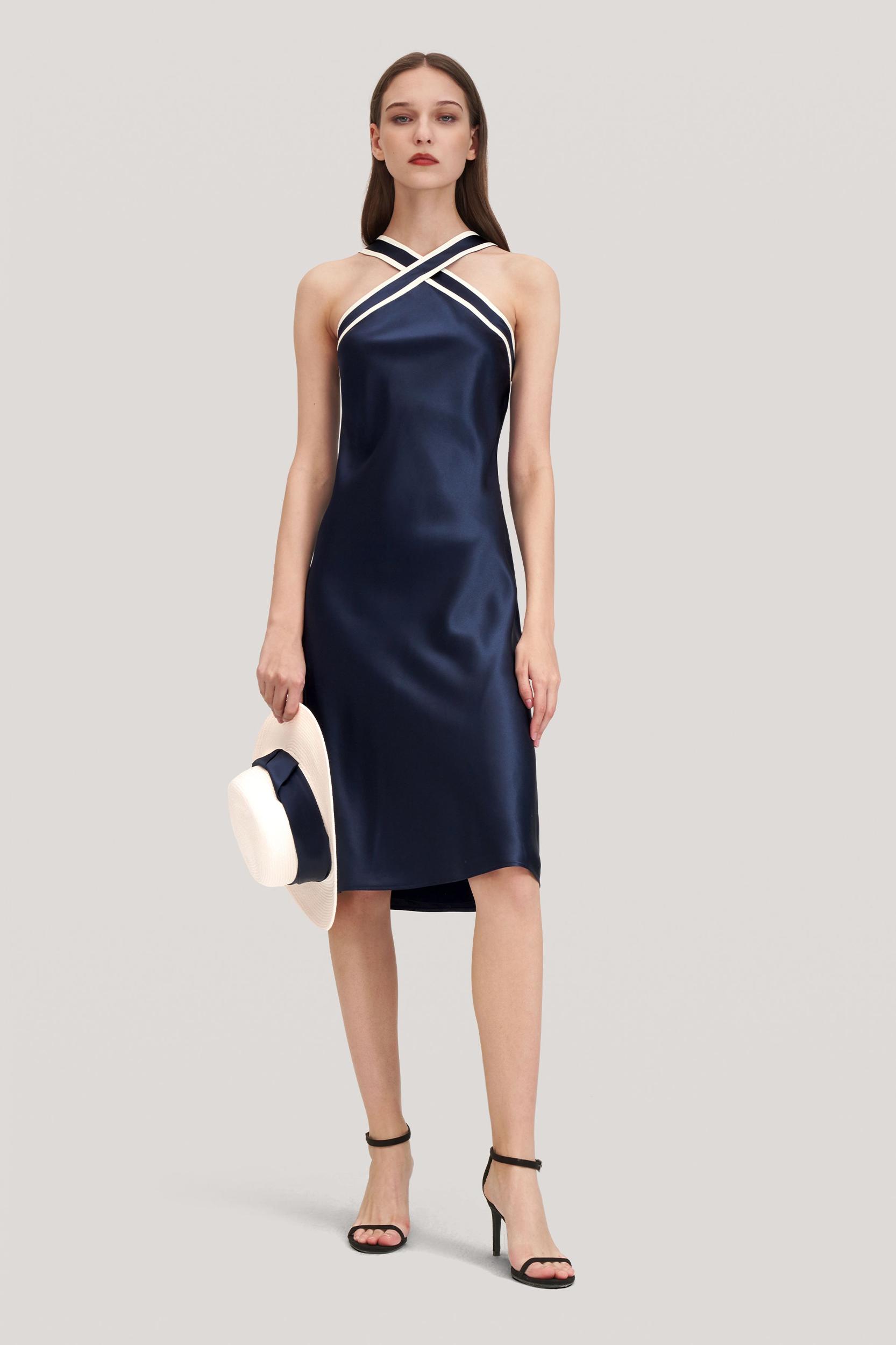 Glossy Camellia Silk Halter-Neck Dress Product Image