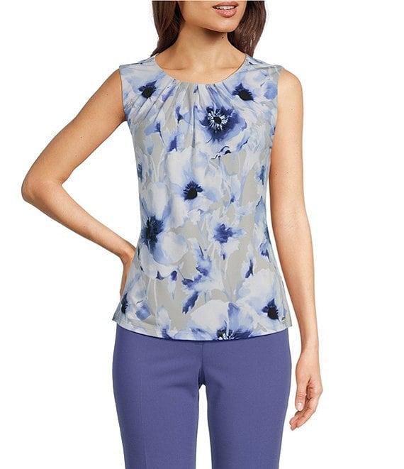 Calvin Klein Printed Matte Jersey Pleated Crew Neck Sleeveless Blouse Product Image
