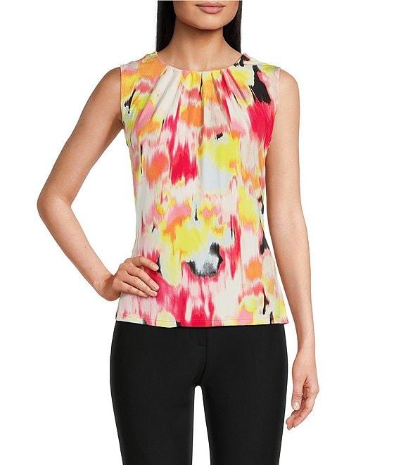 DKNY By Donna Karan Printed Jersey Ruched Crew Neck Sleeveless Top Product Image