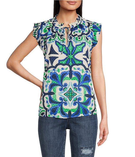 Current Air Split V-Neck Cap Sleeve Coordinating Woven Blouse Product Image