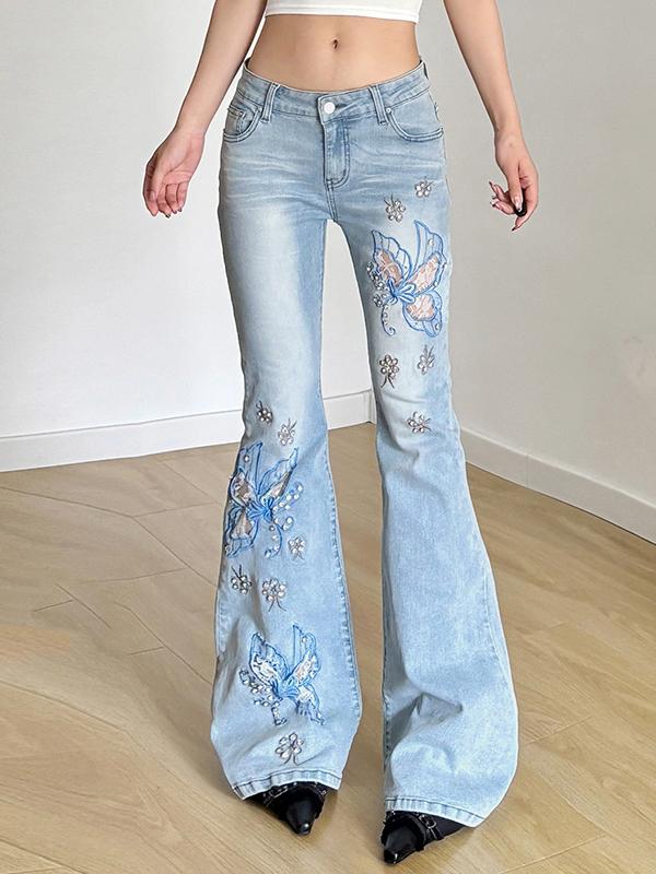 Butterfly Embroidery Beading Flare Jeans Product Image
